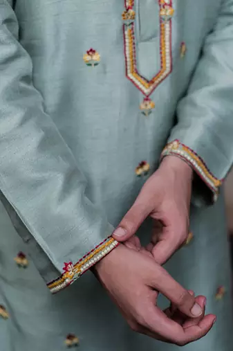 Olive green embroidered silk kurta with dupatta