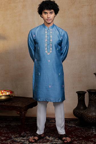 Blue embroidered silk kurta with dupatta