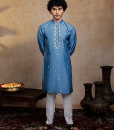 Blue embroidered silk kurta with dupatta