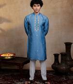 Blue embroidered silk kurta with dupatta