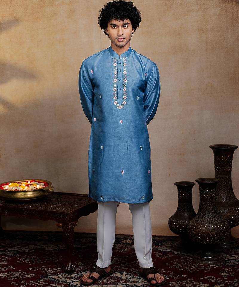 Blue embroidered silk kurta with dupatta