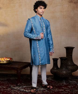 Blue embroidered silk kurta with dupatta 2