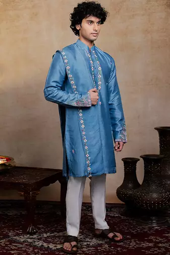 Blue embroidered silk kurta with dupatta