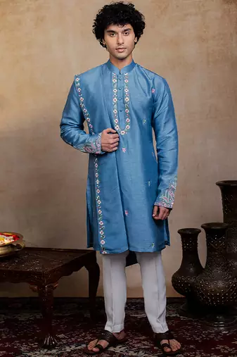 Blue embroidered silk kurta with dupatta