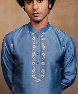 Blue embroidered silk kurta with dupatta 4