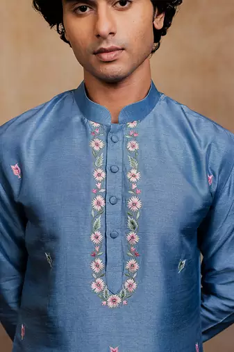 Blue embroidered silk kurta with dupatta
