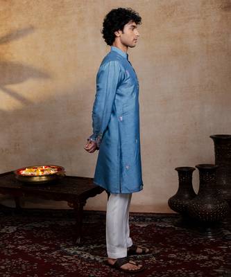 Blue embroidered silk kurta with dupatta 5