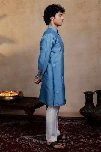 Blue embroidered silk kurta with dupatta