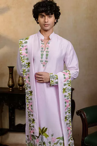 Lavender embroidered silk kurta with dupatta