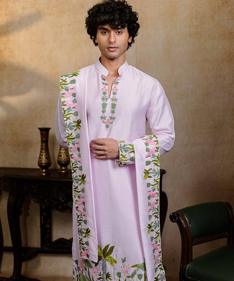 Lavender embroidered silk kurta with dupatta