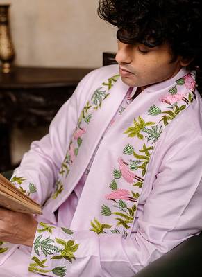 Lavender embroidered silk kurta with dupatta 2