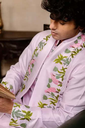 Lavender embroidered silk kurta with dupatta