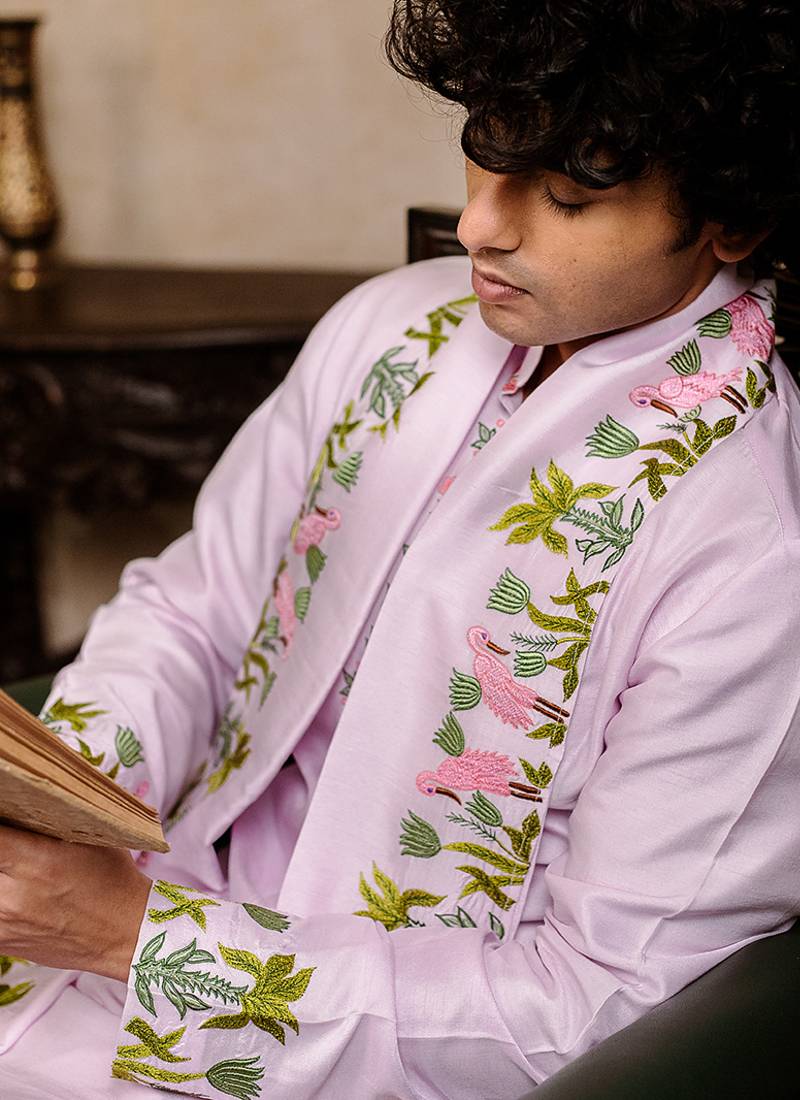 Lavender embroidered silk kurta with dupatta