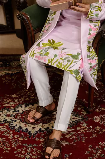 Lavender embroidered silk kurta with dupatta