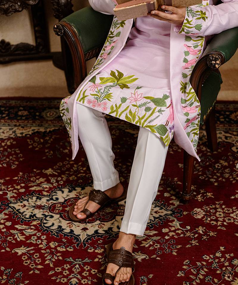 Lavender embroidered silk kurta with dupatta