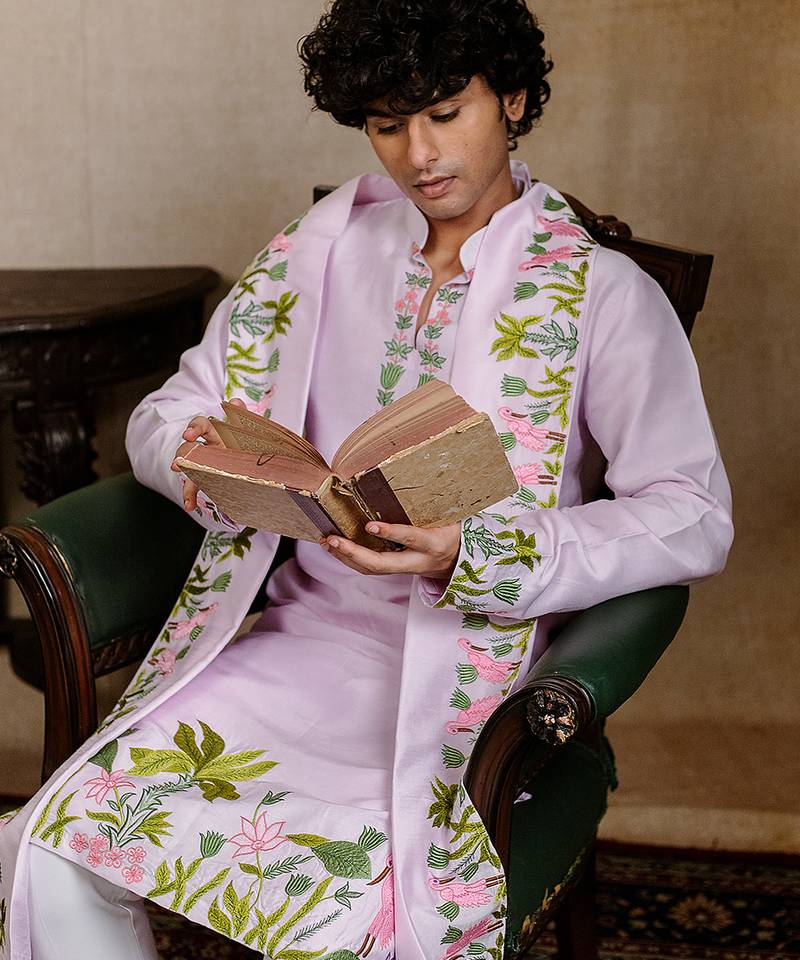 Lavender embroidered silk kurta with dupatta