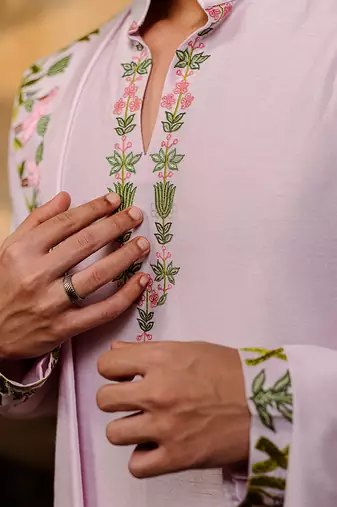 Lavender embroidered silk kurta with dupatta
