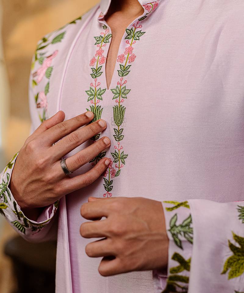 Lavender embroidered silk kurta with dupatta