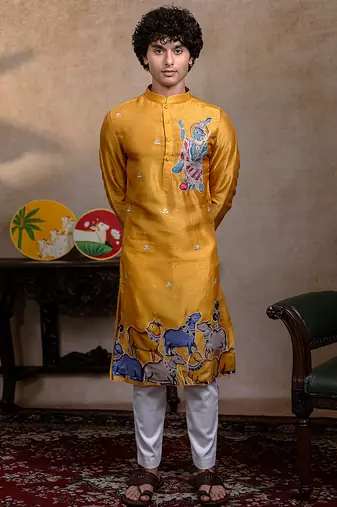 Yellow embroidered silk kurta