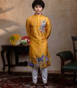 Yellow embroidered silk kurta