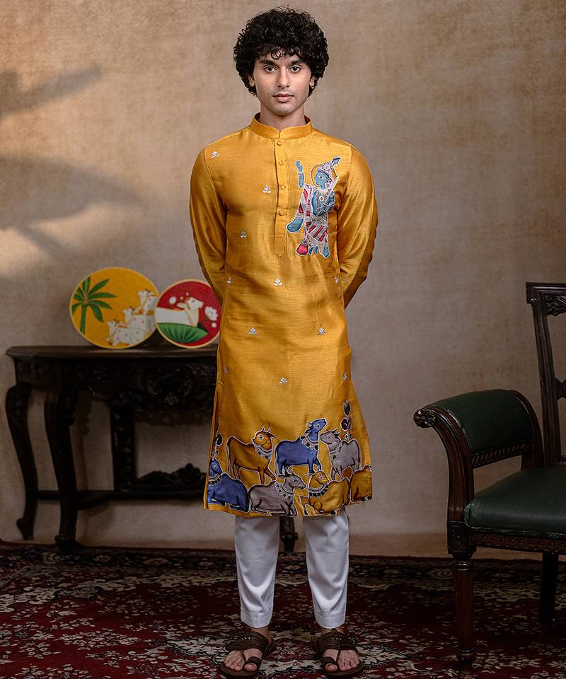 Yellow embroidered silk kurta