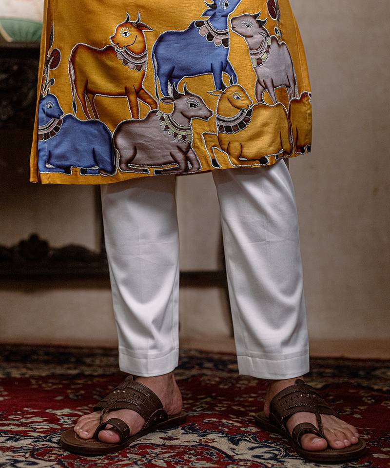 Yellow embroidered silk kurta