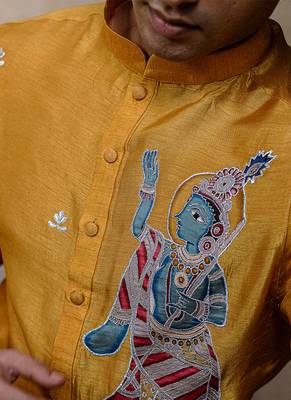 Yellow embroidered silk kurta 3
