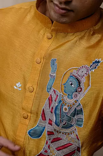 Yellow embroidered silk kurta