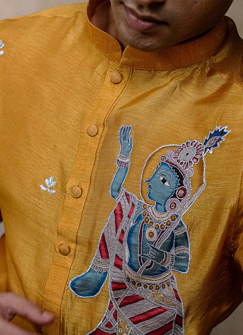 Yellow embroidered silk kurta