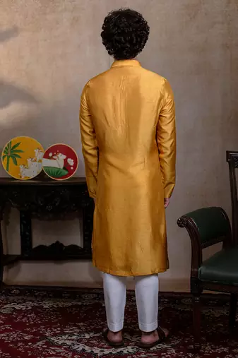 Yellow embroidered silk kurta