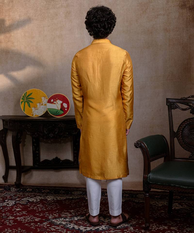Yellow embroidered silk kurta