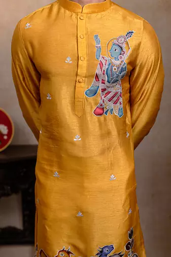 Yellow embroidered silk kurta