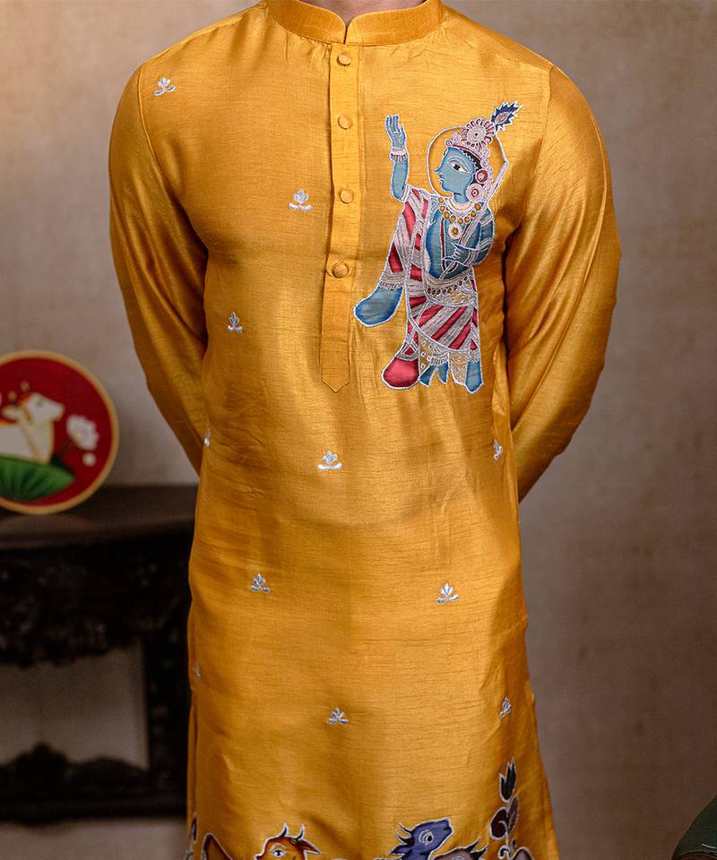 Yellow embroidered silk kurta