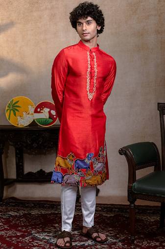 Red embroidered silk kurta