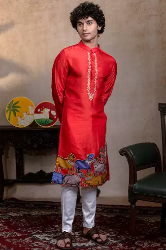Red embroidered silk kurta