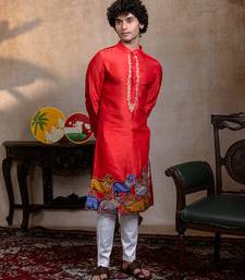 Red embroidered silk kurta