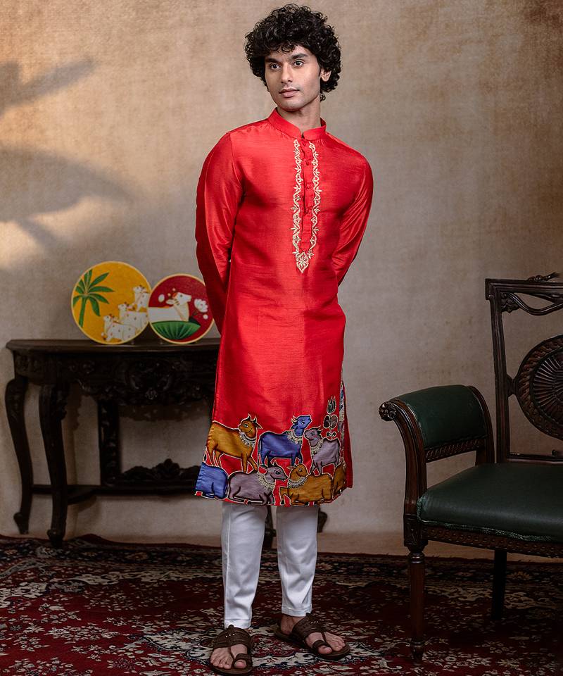 Red embroidered silk kurta