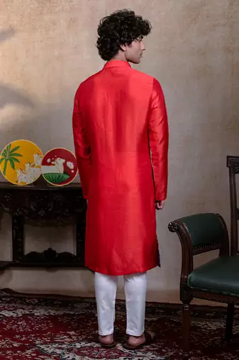 Red embroidered silk kurta