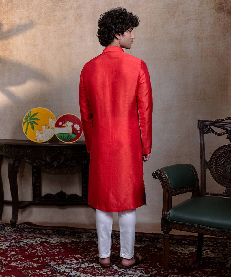 Red embroidered silk kurta