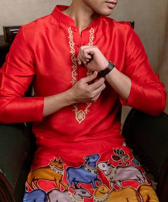 Red embroidered silk kurta 3