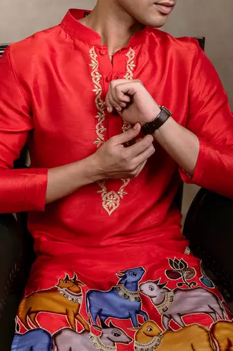 Red embroidered silk kurta