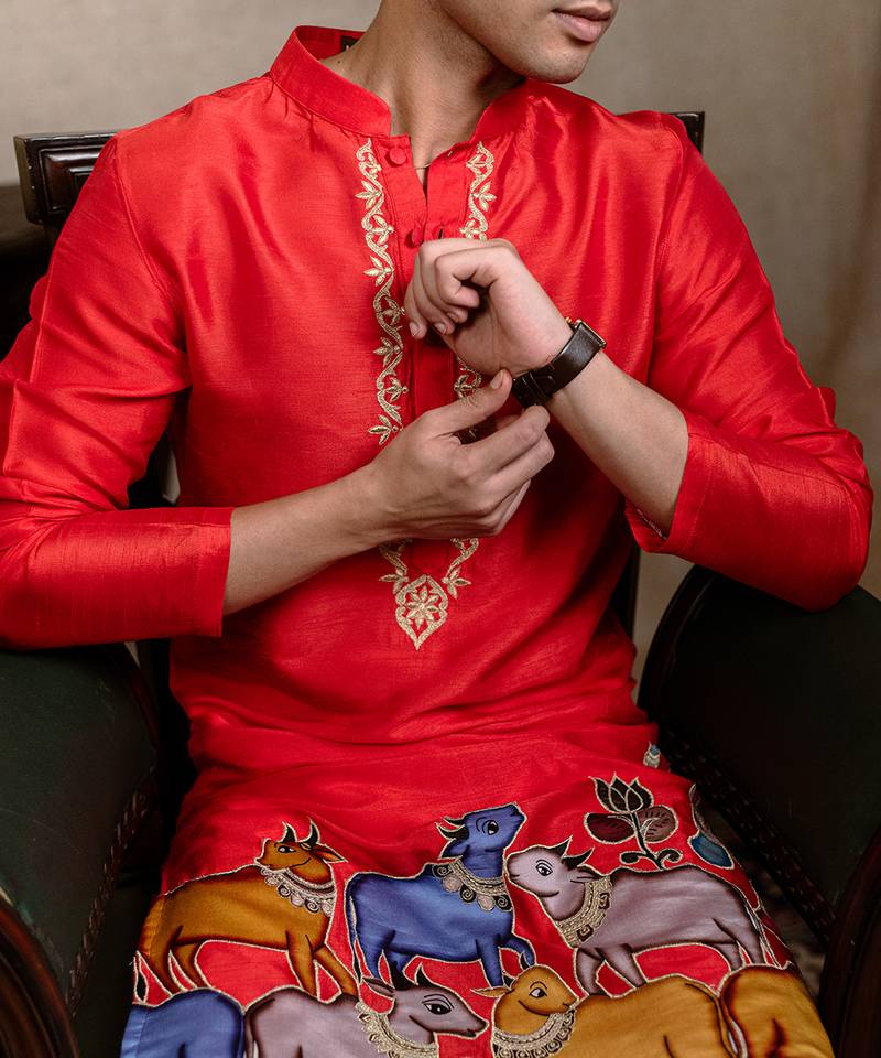 Red embroidered silk kurta