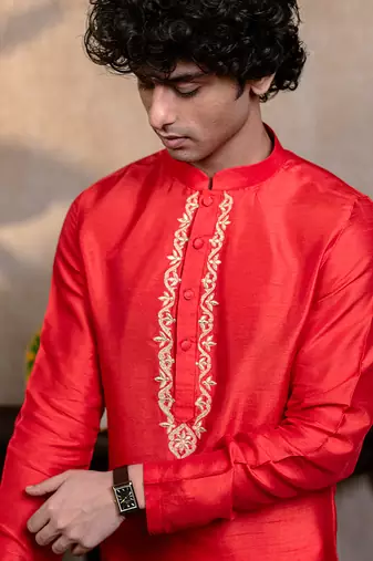 Red embroidered silk kurta