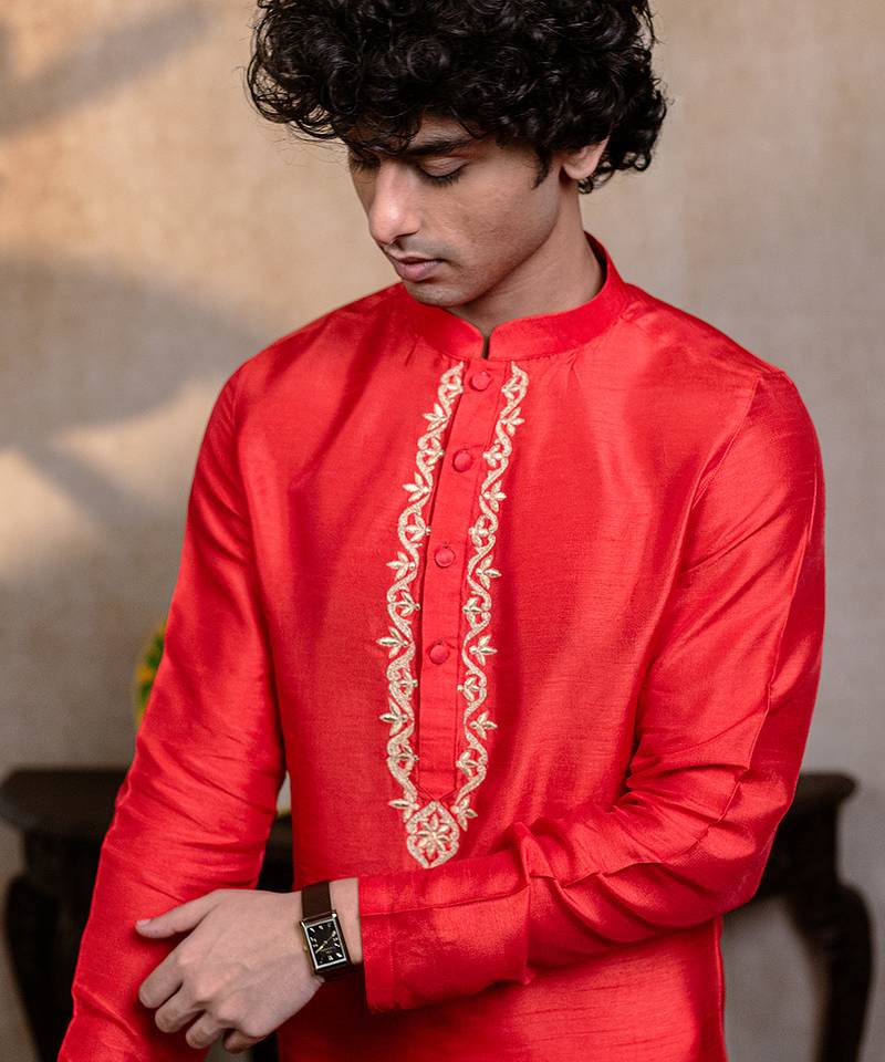Red embroidered silk kurta