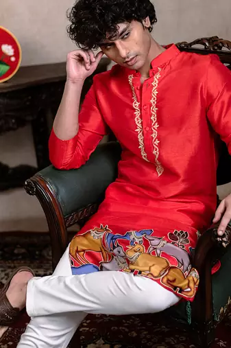 Red embroidered silk kurta