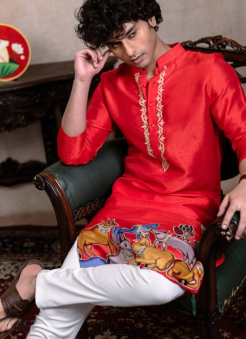 Red embroidered silk kurta