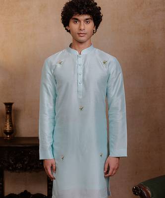 Sea green embroidered silk kurta 1