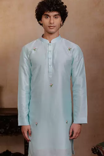 Sea green embroidered silk kurta