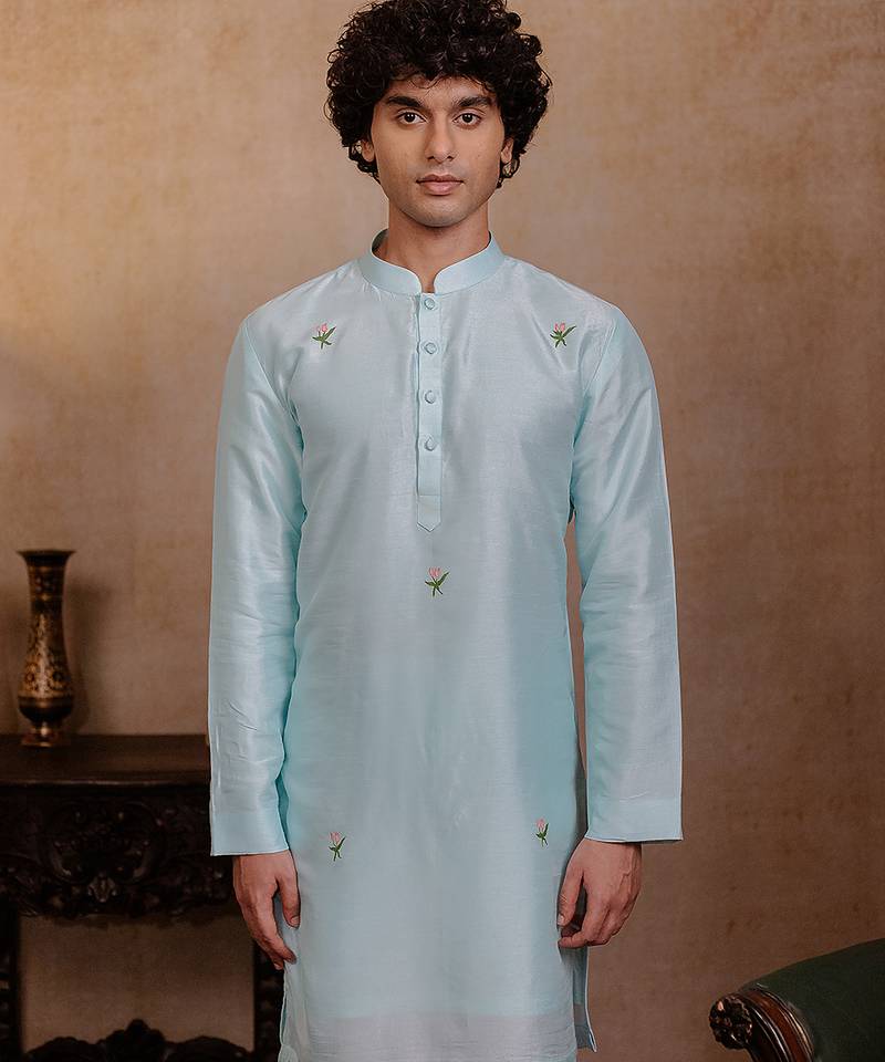 Sea green embroidered silk kurta