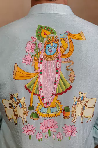 Sea green embroidered silk kurta